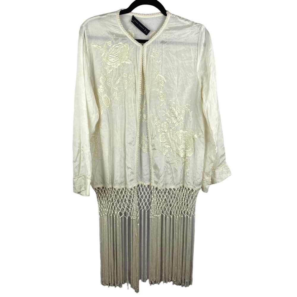 Zara Cream Embroidered Fringe Cardigan